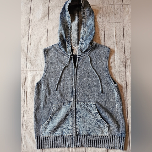 North Style Size MED• Vintage Full Zip Hooded Knit Denim Mixed Media Vest Unique - Picture 8 of 11